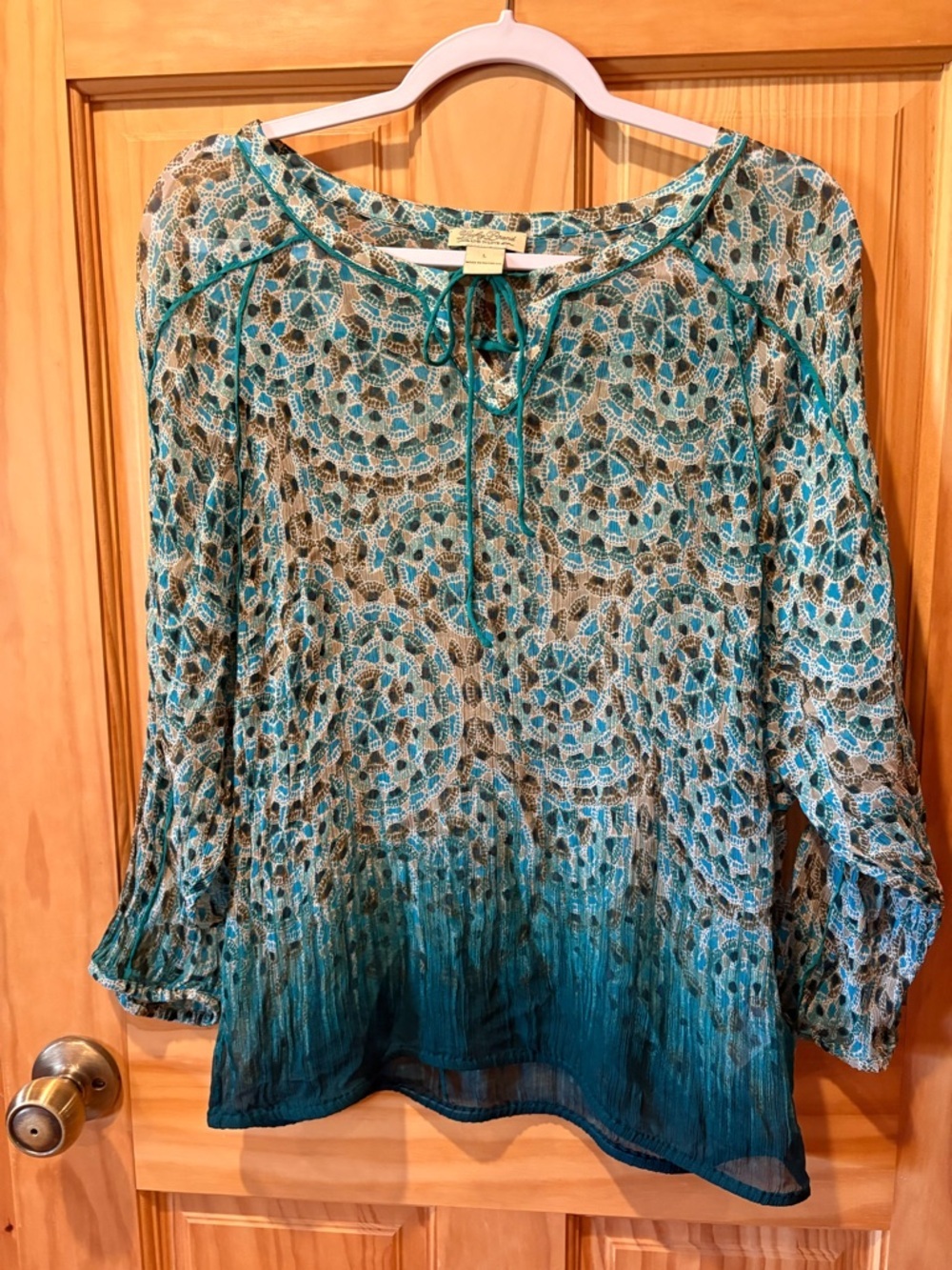Lucky Brand sheer paisley printed peasant top teal green blue women’s L